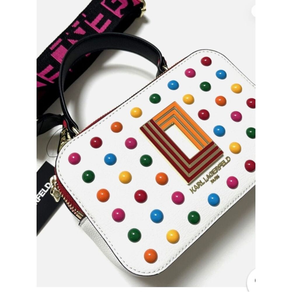 NWT Karl Lagerfeld Simone Crossbody Top Handle – White Multi Stud Logo - Picture 2 of 7